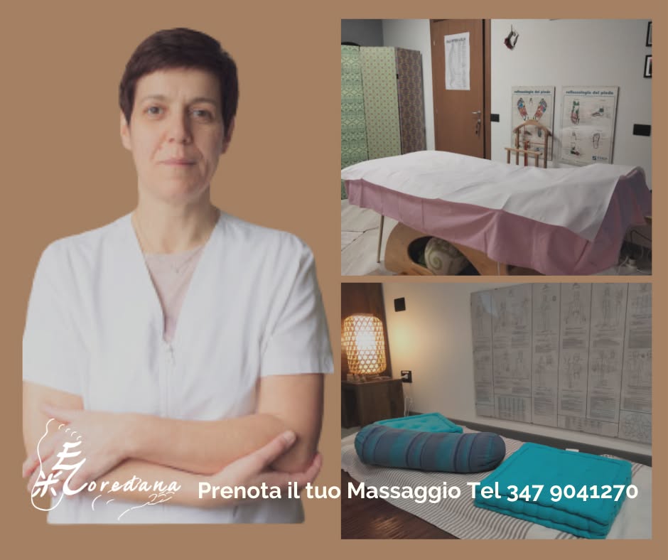 Loredana in casacca bianca, lettino con teli rosa e futon turchese, scritta Prenota il tuo Massaggio Tel 347 9041270
